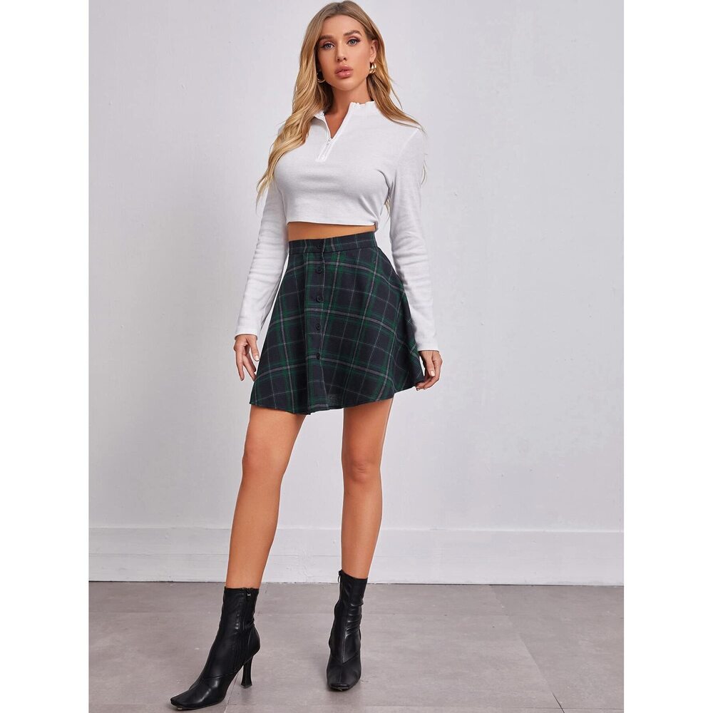 2347 Casual Plaid High Waist Pleated A-Line Mini Skirt Tartan Green Black - Picture 5 of 5